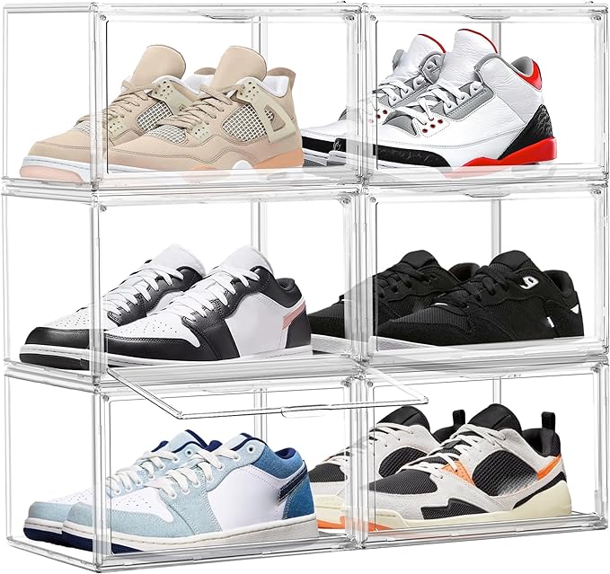 Shoe Storage 6 Pack, Acrylic Clear Shoe Storage Box Stackable Large Sneakers Display Case with Magnetic Door Hat Boxes Shoe Organizer for Closet, Fit up to US Size 13