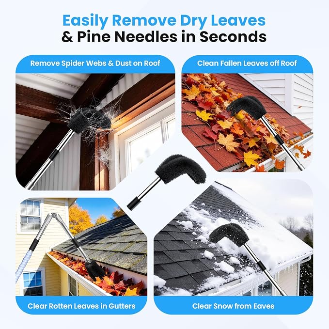 12 FT Gutter Cleaning Tools from Ground, with Shovel & Brush for Outdoor | Includes a 180° Adjustable Turning Head, Anti-slip Keel Belt, No Ladder Needed, Multi-purpose, Made of Stainless Steel.