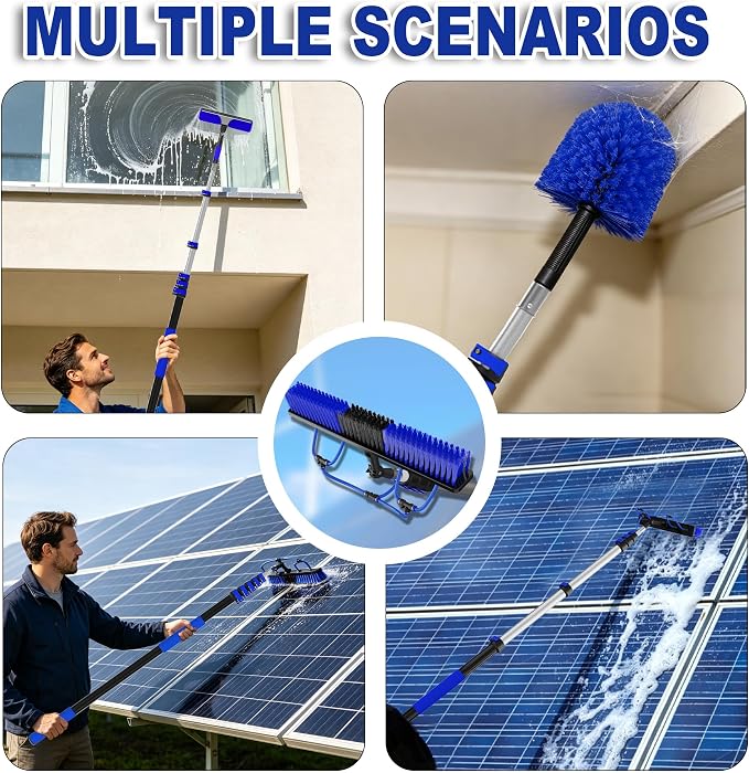 Buyplus 30FT Reach Solar Panel Cleaning Brush Kit with 5-24FT Telescoping Pole, Water Fed Window Cleaner Tool with 20" Brush, Soap Dispenser, Cobweb Duster, Squeegee for Roof, RV, Gutter, Deck,Blue