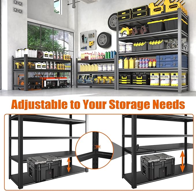 84“H Garage Shelving Heavy Duty Storage Shelves 3000 LBS Adjustable 5 Tier Metal Shelving Uints and Storage for Garage, Warehouse, Commercial, 48" W x 24" D x 84" H, 2 Packs