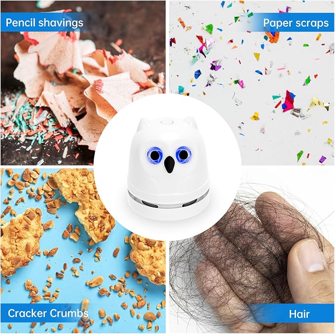 Desktop Mini Crumb Vacuum Cleaner Owl Tabletop Crumb Sweeper Vacuum USB C | Rechargeable Craft Desk Vacuum Cleaner for Glitter Paper Scraps Bread Crumbs Shavings Cookie Crumbs, Low Noise
