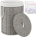Laundry Basket with Lid Round Rattan Laundry Hamper with Lid and Handles 29.1 Gal (110 L) Handwoven Woven Basket with Removable Bags and 2 Mesh Bags for Bathroom Living Room Gray