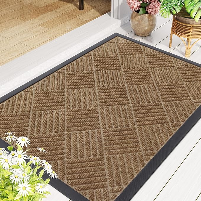 Smiry Front Door Mat Outside Entrance, Heavy Duty Outdoor Indoor Natural Rubber Doormat, Non Slip, Trap Dirt and Moisture, Easy Clean, Low Profile Patio Porch Entryway Mat, 29.5x17, Coffee