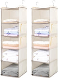 BOOMIBOO Hanging Closet Organize and Shelves,5-Hanging Shelf （2 Pack,Beige） | with 2 Side Pockets，Storage Foldable