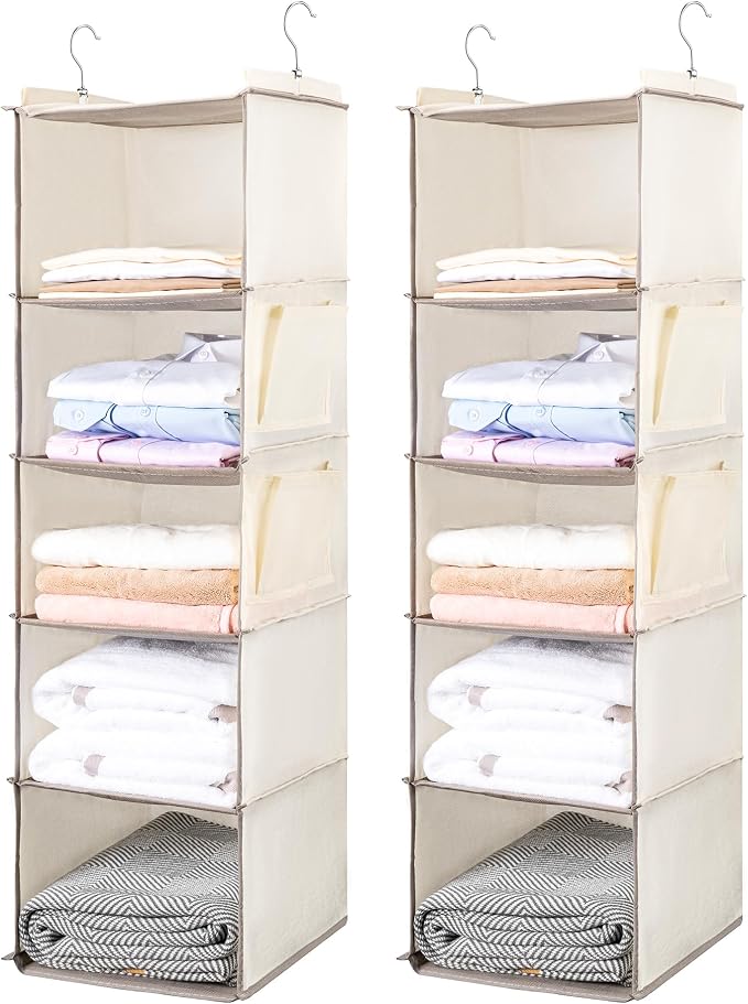 BOOMIBOO Hanging Closet Organize and Shelves,5-Hanging Shelf （2 Pack,Beige） | with 2 Side Pockets，Storage Foldable
