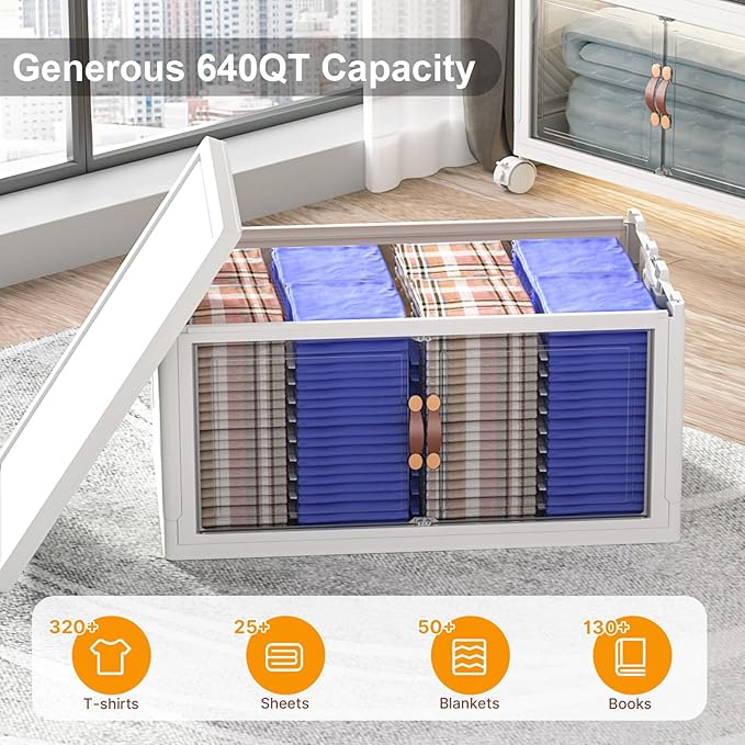 Extra Large Stackable Storage Bins with Lids & Wheels & Door, 640QT-160QT/40GAL*4Pack Foldable Collapsible Closet Organizers, Plastic Containers Drawers for Bedroom Dorm Garage Sturdy MAX