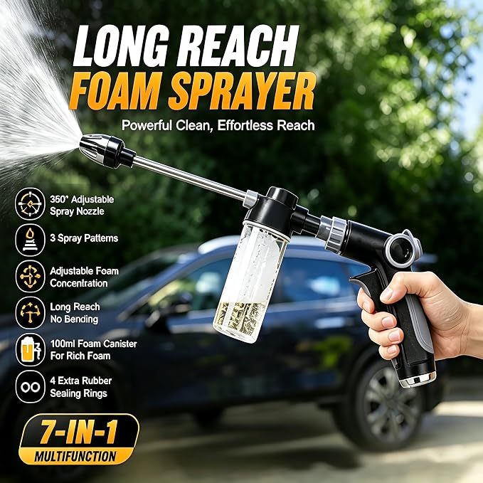 High Pressure Hose Nozzle, 360° Rotating High Pressure Water Gun with Foam Bottle, 3/4 Inch Connector, Adjustable Spray Wand with 4 Sealing Rings for Car, Yard, Patio, Pet Cleaning