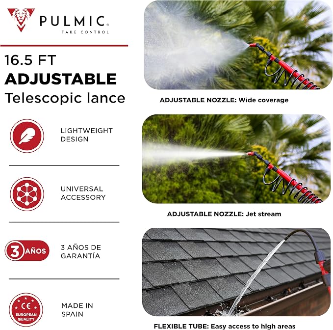 PULMIC Extensible Telescopic Sprayer Lance 16.4ft with Adjustable Nozzle - Ideal for Pesticides, Fertilizers, Roof & Gutter Cleaning, Tree & Garden Applications - Lightweight, High Reach Sprayer