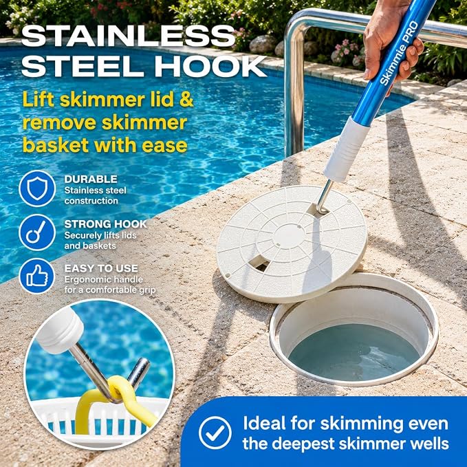 Skimmie Pro (Short Version) 22.5” Pool Skimmer: Lightweight, Fine Mesh Net, & Stainless Steel Hook – Ideal for In-Ground/Above-Ground Pools, Fountains, Ponds, Hot Tubs, & Cold Plunges
