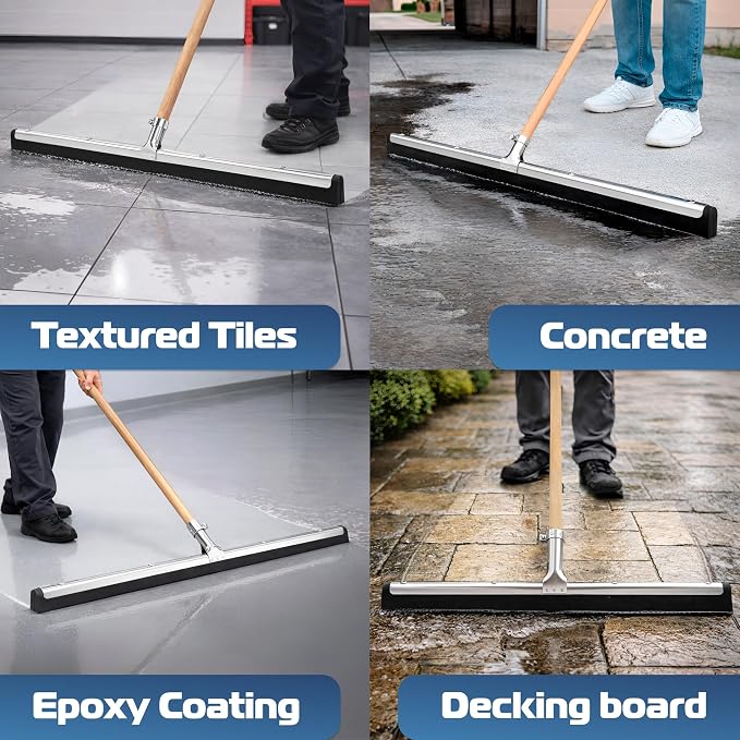 Uneven Surface Floor Squeegee 30’’, Double Foam Blade Garage Squeegee, Taper Pole Connection - Handle Sold Separately for Tiles, Concrete and Asphalt