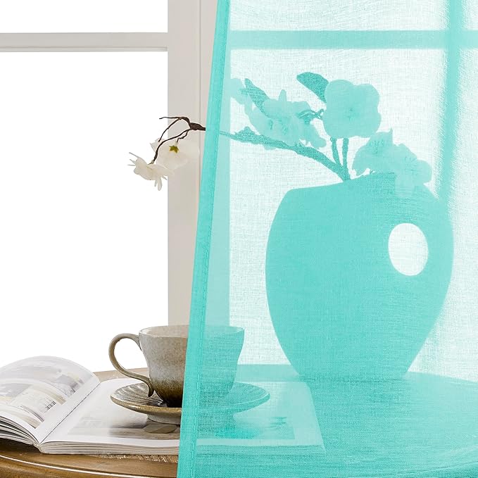 Tollpiz Sheer Door Curtains Closet Linen Textured Curtain Sheers Doorway Light Filtering Voile French Door Rod Pocket Curtains Patio Door, 54 x 63 inches Long, Aqua Blue, Set of 1 Panel