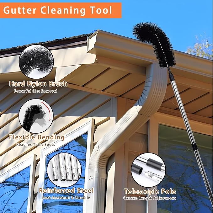 13 FT Gutter Cleaning Tools with 10-Section Extension Pole, Gutter Cleaning Brush, Silicone Squeegee & Window Washer for Gutters, High Windows, Glass & Cars