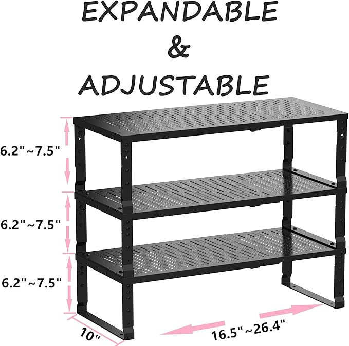 Metal Stackable Expandable Storage Shelf - Multi-Functional Home Storage Shelf, Suitable for Kitchen, Cabinet，Bathroom, Office, Garage, etc.（3PACKS/Black/Large