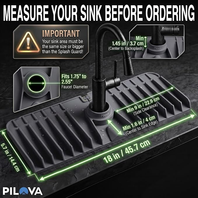 Premium Kitchen Sink Splash Guard – 18" x 5.7" Silicone Faucet Mat with Secure Pressure Clip, True 10° 3D Drainage(No Pooling), Anti-Lift Design, Flexible Leak-Sealing Ring, Non-Slip Fit Behind Faucet