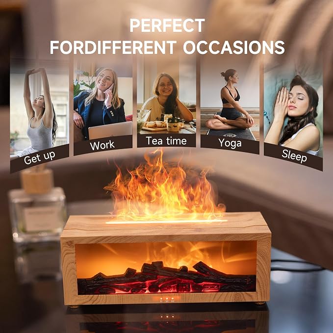 TMEHM Fireplace Flame Essential Oil Diffuser Humidifier, Aromatherapy | Ultrasonic Mist with 7 Colors and Timer for Home, Bedroom, Office, and Yoga