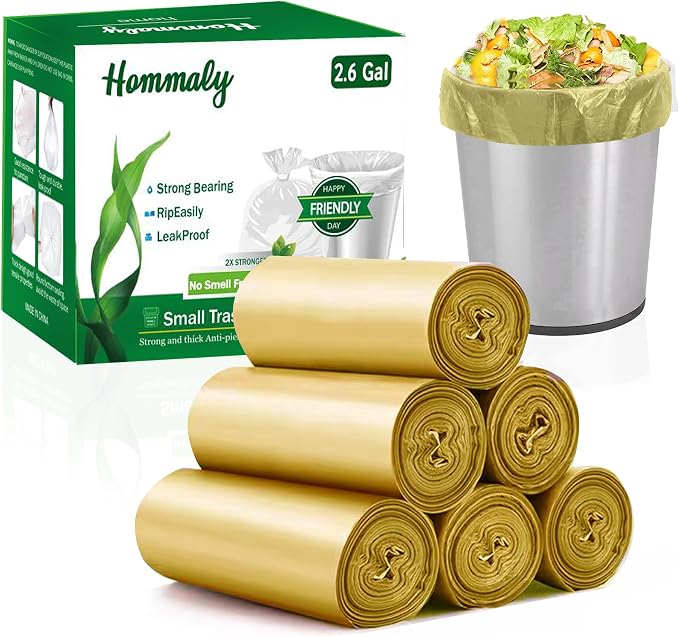 Hommaly 2.6 Gallon 240 pcs Small Golden Trash Bags, Strong Garbage Bags, Bathroom Gold Trash Can Bin Liners Unscented, Mini Plastic Bags for Office, Waste Basket Liner, Fit 6-10 Liters, 2-2.6 Gal