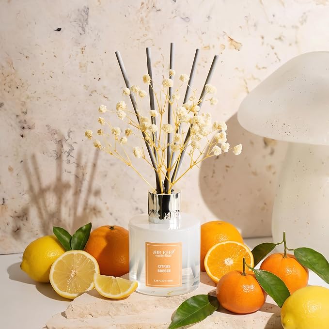 Reed Diffuser Set,3.38 fl oz (100 ml) - Citrus Breeze Oil Diffusers with 8 Reed Sticks, Home Fragrance Reed Diffuser for Bathroom Shelf Decor
