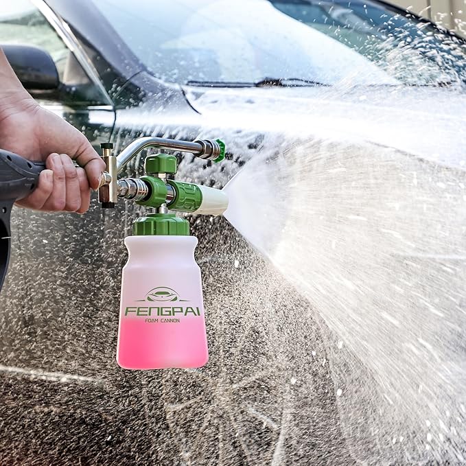 FENG PAI Pressure Washer Foam Cannon with Dual-Connector Accessory & 7 Power Washer Sprayer Nozzles, Double Tip Attachment For Soap Cannon, 1/4" Quick Connect, 3600 PSI, White Bottle