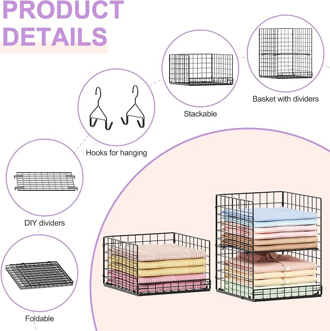 6 Tier Hanging Closet Organizers and Storage Stackable Hanging Closet Shelves with 4 Hooks 2 Adjustable Dividers, Wire Storage Basket Bins for Clothing Purse Sweaters Shoes Socks Dolls, Foldable