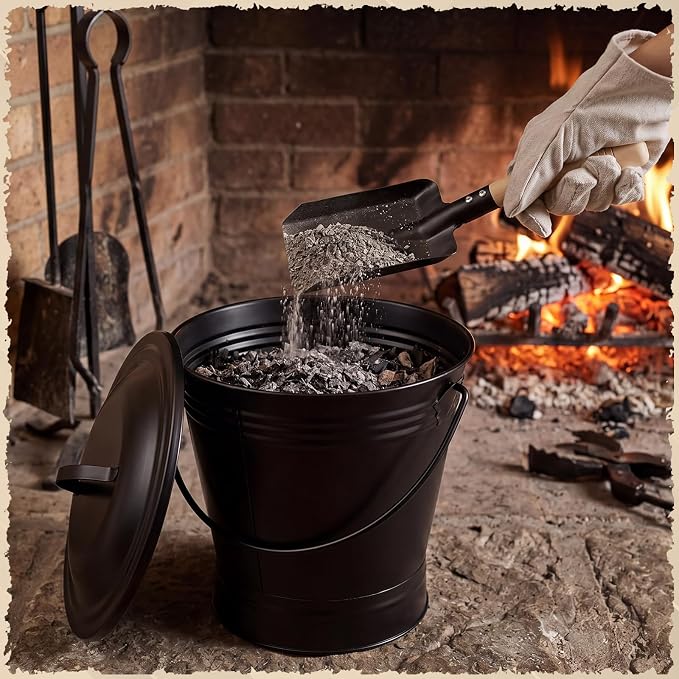 Patelai 7 Pcs Heavy Duty Fireplace Tool with 1.5gl Metal Ash Bucket with Lid Shovel Broom Wood Fire Pit Bellows 32" Long Fire Poker 26" Fireplace Tong, Glove(Slender)