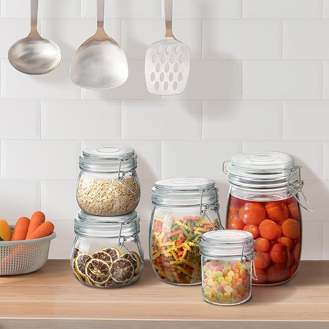 Glass Food Storage Jars with Airtight Lids 13 oz Round 4 Pack Kitchen Storage Containers Small Cabinet Canisters Sealed Pot Canning for Pasta, Cereal, Coffee, Beans, Spice