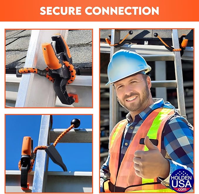 Holden USA - Ladder Clamp - Stabilizer Clip – Secure Safety Clamp for Roof, Gutters, and Wall Prep – Durable Support Cord for Roofing and Gutter Tasks (Orange Pair/2 units)