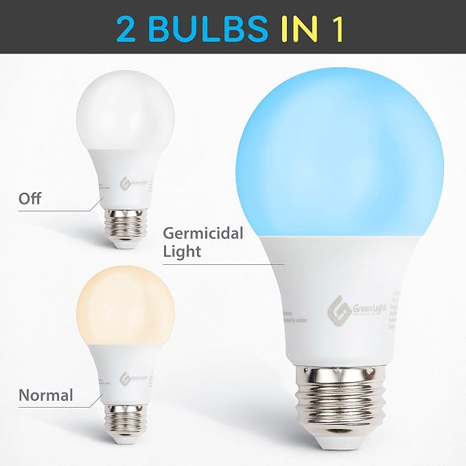 GLI Blue Light Germicidal Light Bulb – 100% Safe Non-UV - Switches from Sanitizer to Std 800 Lumens Bulb – Portable Disinfection, Screws into Any E26 Socket – Kills 99% Germs & Pathogens – Ozone Free