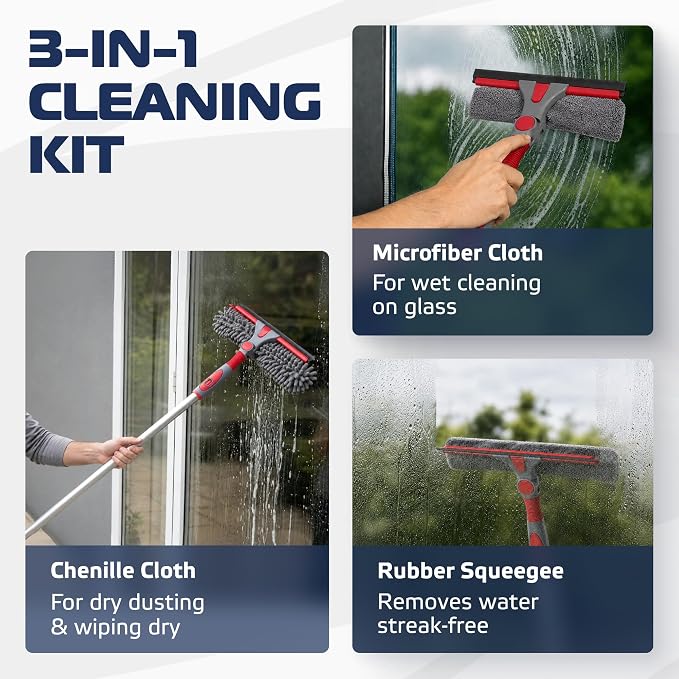 2-in-1 Window Cleaning Squeegee Kit with 60’’ Extension Pole, Rotatable Bendable Head, Microfiber & Chenille Pads, Window Cleaner Tool for Indoor/Outdoor, High Windows, Shower and Car