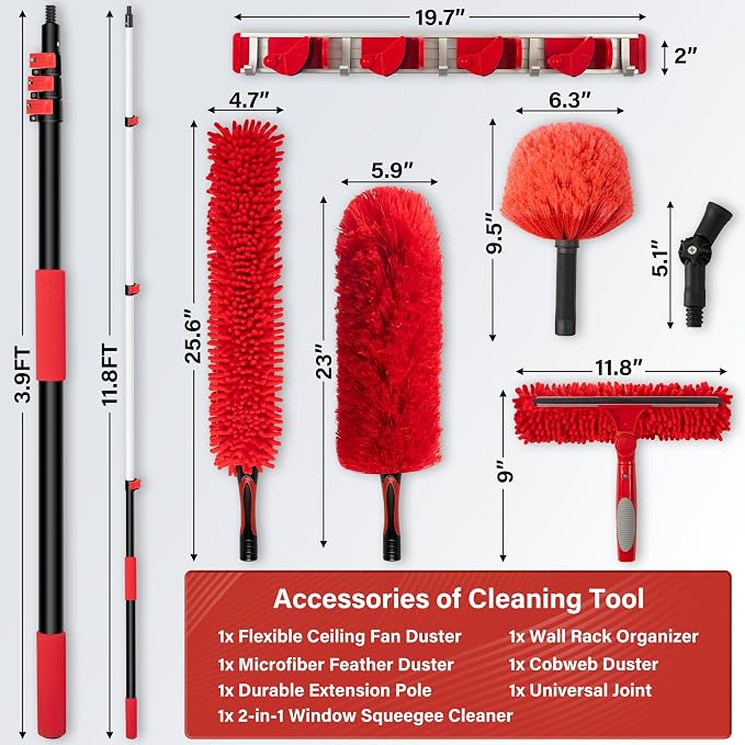 20FT High Reach Ceiling Duster Kit with 5-12ft Extension Pole – Fan & Cobweb Cleaner, Microfiber Feather Duster, 2-in-1 Window Squeegee, 270° Rotating Head, Reusable & Washable, Wall-Mount Rack