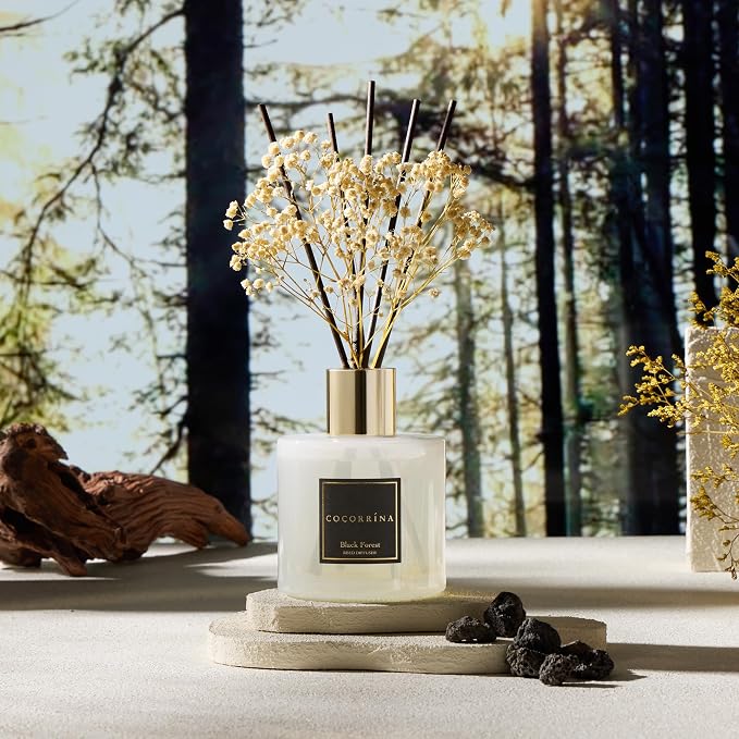 Reed Diffuser - Black Forest 17 Fl.oz Reed Diffuser with 8 Sticks Scented Diffuser with Preserved Flowers for Bathroom Home Decor