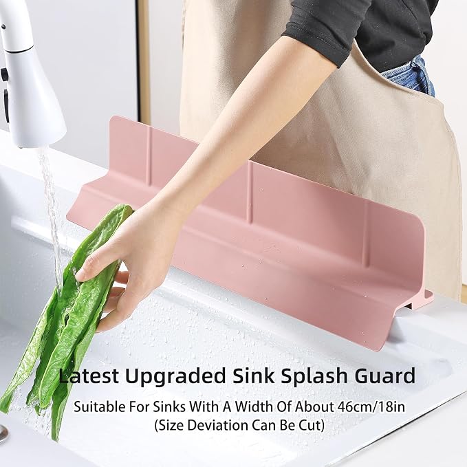 18" Upgraded Silicone Sink Splash Guard Released in 2026,Self-Draining Water Splash Guard for Kitchen Sink,Bathroom and Kitchen Island,with 3.5" High Splash Guard & 6 Strong Suction Cup (Pink)