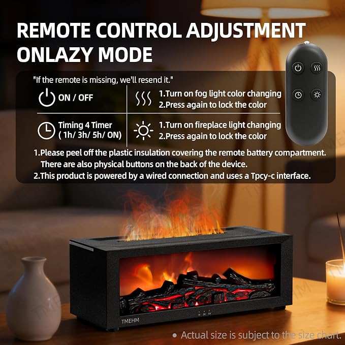 TMEHM Fireplace Flame Essential Oil Diffuser Humidifier, Aromatherapy | Ultrasonic Mist with 7 Colors and Timer for Home, Bedroom, Office, and Yoga