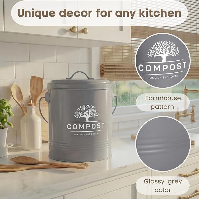 Perfnique Kitchen Compost Bin, 1.3 Gallon Countertop Compost Bin with Lid, Indoor Compost Bucket Includes Inner Bucket Liner and Carbon Filter, Small Compost Bin with Trash Bags (with Bags, Grey)