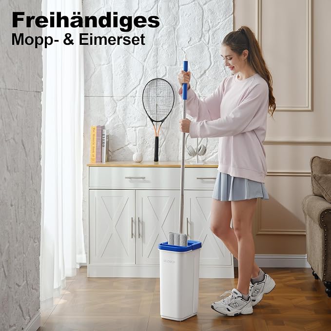 Mop and Bucket Set, 60" Long Handle Mops for Floor Cleaning, Squeeze Flat Mop and Bucket System, Dry & Wet Dust Mops for Household Floor Cleaning with 3 Microfiber Mops, Slate Blue