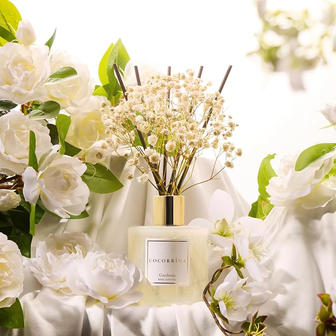 Reed Diffuser - Gardenia 6.7 Fl.oz Reed Diffuser Set with Sticks & Preserved Baby's Breath, Reed Diffuser for Home Bathroom Shelf Decor