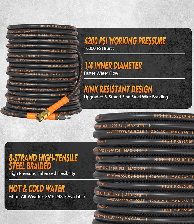 Pressure Washer Hose 50 ft, 4200 PSI Steel-Braided & Durable - Flexible & Kink-Resistant, Power Washer Hose with 3/8" Swivel Quick Connect, Hot/Cold Water Compatible - 50 Foot, Black