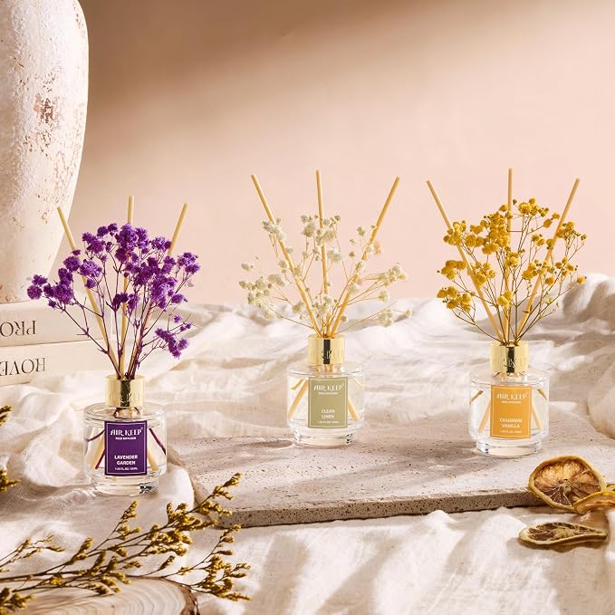 Reed Diffuser Set of 3,Clean Linen Cashmere Vanilla Lavender Garden Oil Reed Diffusers for Bedroom Living Room Office Aromatherapy Oil Reed Diffuser for Gift 50ml x 3