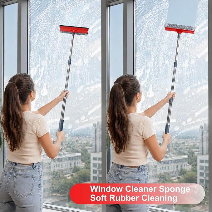 Window Squeegee with 19-37" Long Handle, 2 in 1 Window Cleaner Tool with TPR Squeegee&Sponge for Car Windshield, Shower Glass, Glass Doors, Outdoor Windows, High Windows