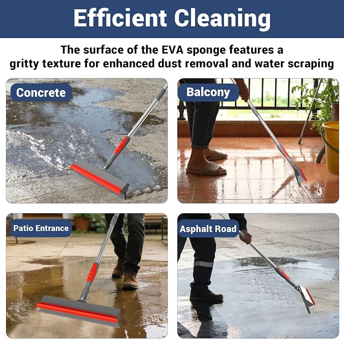 Floor Squeegee for Concrete Floor, 15.8" Large Heavy Duty Squeegee for Floor with 60" Adjustable Handle, 2-in-1 Silicone & EVA Blade for Garage,Concrete,Tile,Bathroom,Window Glass Cleaning