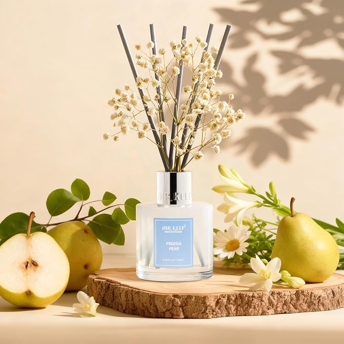 Reed Diffuser Set,3.38 fl oz (100 ml) - Freesia Pear Oil Diffusers with 8 Reed Sticks, Home Fragrance Reed Diffuser for Bathroom Shelf Decor