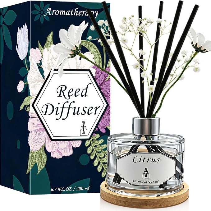 Citrus Reed Diffuser - 5.9 fl oz - Fragrance for Up to 90 Days - Reusable, Refillable Glass Holder - Includes 8 All-Natural Reed Sticks - Flame Free