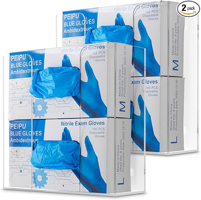 Stock Your Home Double Acrylic Gloves Dispenser (2 Pack) Tissue Box Shelf, Glove Holder Wall Mount, For Kitchen, Cleaning Closet, Exam, Office