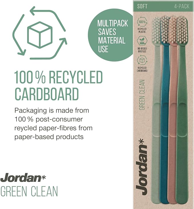 Jordan Green Clean Manual Toothbrush - Sustainable, Scandinavian Design, Soft Bristles, Mixed Colors, 4 Units