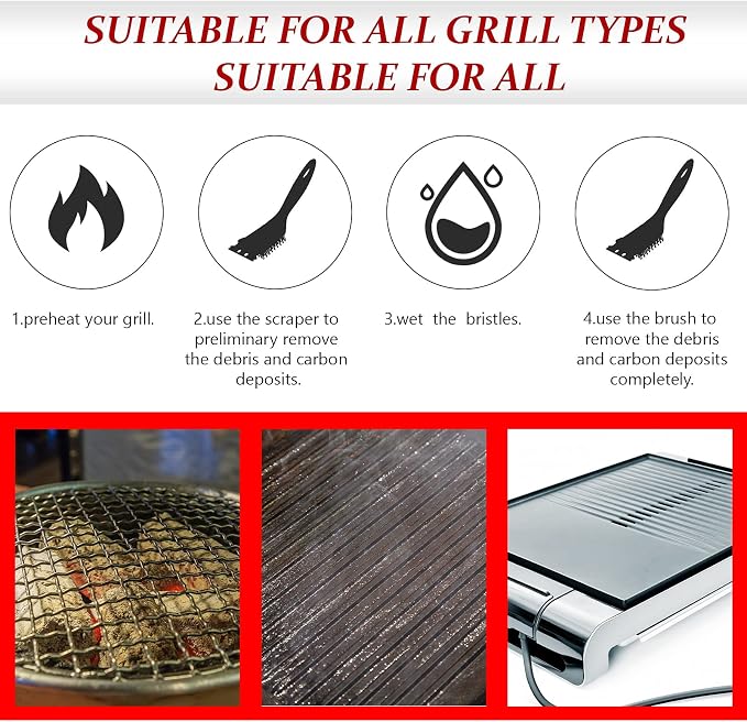 Chengu 2 Pcs 8 Inch BBQ Grill Brush for Outdoor Grill and Scraper Stainless Steel Wire Extra Strong Cleaner Heavy Duty Barbecue Cleaning Brush Cleaner