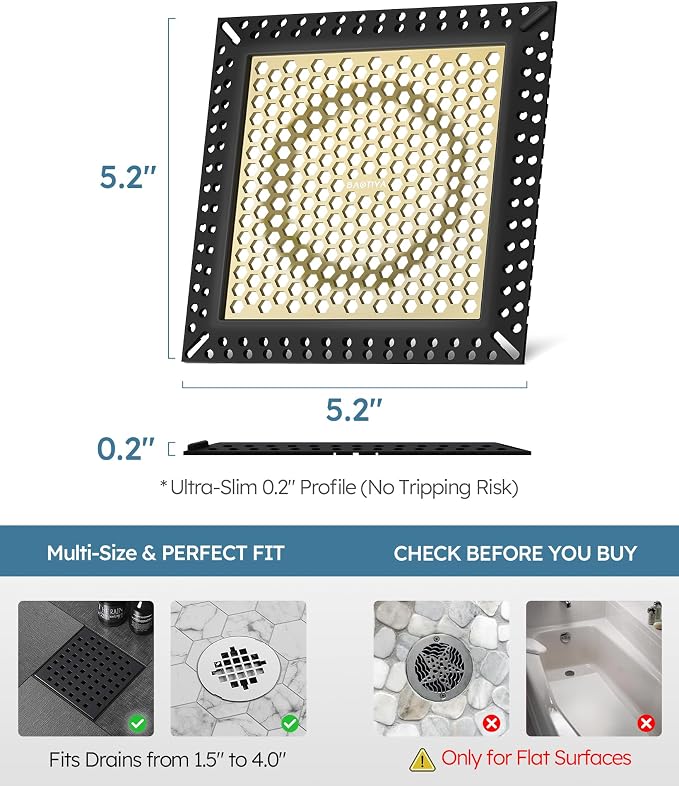 Square Shower Drain Hair Catcher, Flat Shower Drain Hair Catcher, Anti-Clogging Fast Drainage, Anti-Slip, Easy Clean Fits Bathroom Hair Catcher for Shower (Matte Black & Brushed Gold, 4 inch)