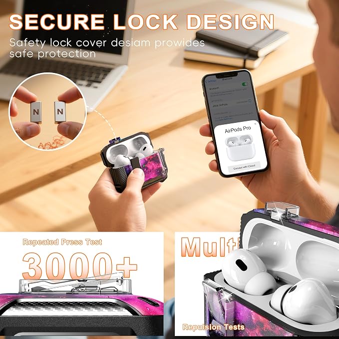 for AirPods Pro 2 Case with Lock Magnetic Lid, Starry | Compatible with AirPods Pro 2nd Generation and AirPods Pro 1st Generation (2019) Case with Cleaner Kit & Carabiner, MagSafe