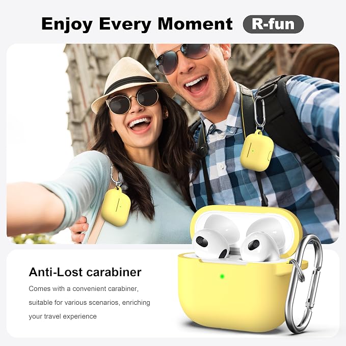 R-fun Compatible with AirPods 3 Case Cover, Silicone Protective Accessories Skin with Keychain Compatible with Apple AirPod 3rd Generation 2021 for Women Men Girls Boys,Front LED Visible,Yellow
