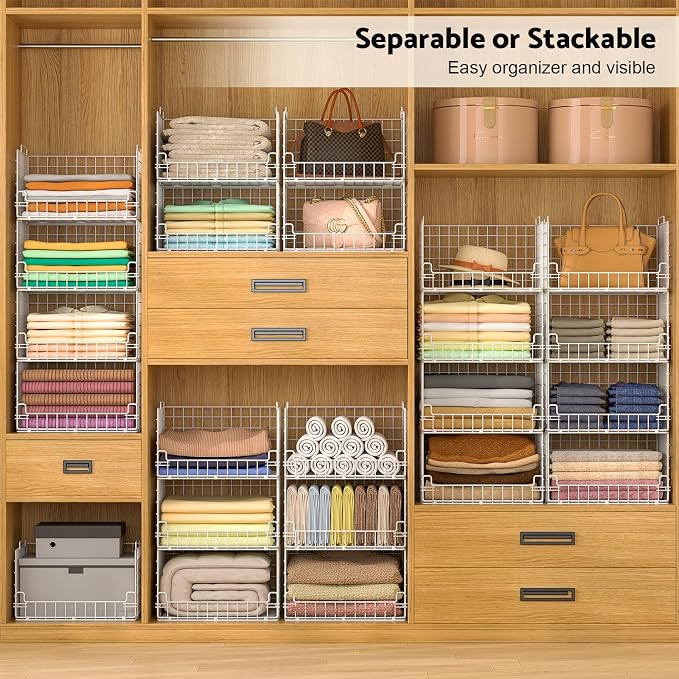 4-Tier Stackable Closet Organizers and Storage Basket - Foldable Closet Shelf Organizer System, Sturdy Metal Space-Saving Clothes Storage Bins for Wardrobe, White