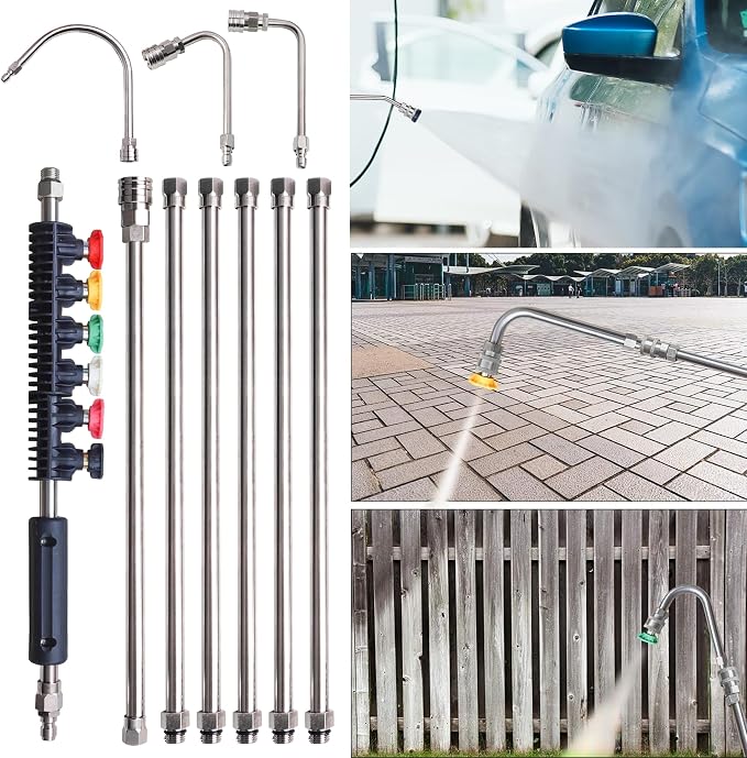 Xiny Tool Pressure Washer Extension Wand, 10 Pack Power Washer Lance with 6 Atomization Nozzle Tips,1 Gutter Cleaner Attachment Curved Rod, 1/4" Quick Connect, 4000 PSI