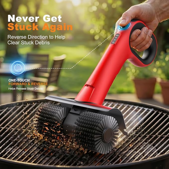 Electric Grill Brush for Outdoor Grill, Cordless BBQ Grill Cleaner with Dual Rotating Heads, 450 RPM Motorized Grill Cleaning Brush with Forward & Reverse, 6-Piece Replaceable Brush Set